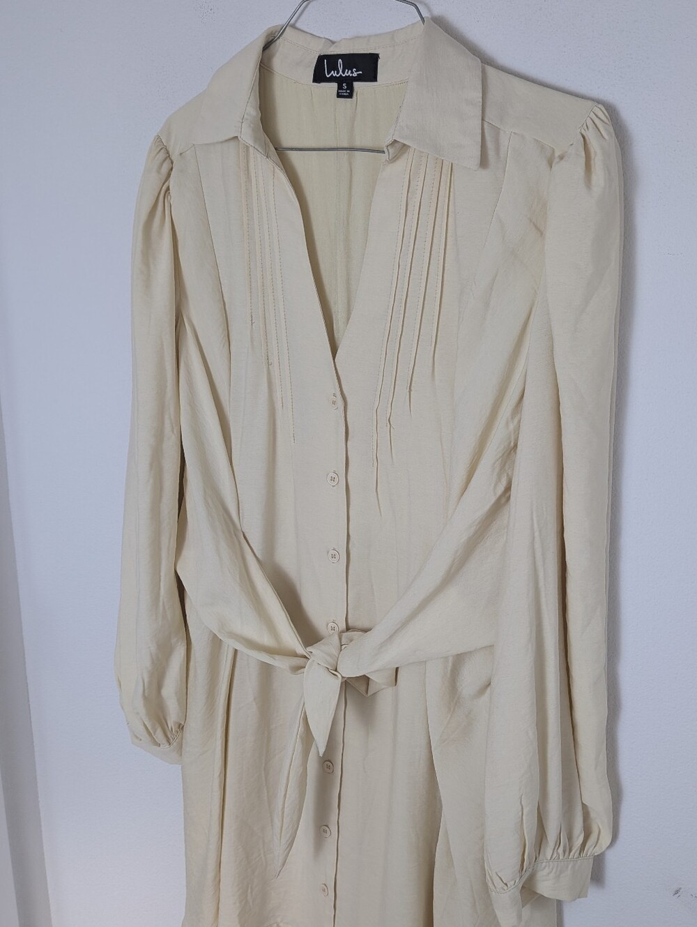 Lulus Sway of Life Cream Button-Up Tie-Front Shirt Dress sz S Long Sleeve EUC - Picture 7 of 16